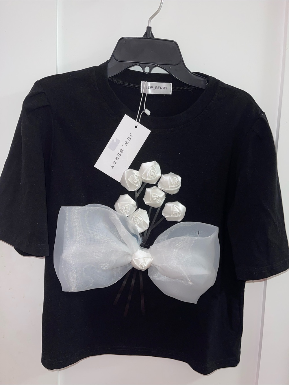 Women’s Black Tee with White Floral Bow